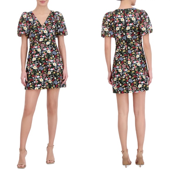 NEW ELIZA J Black Multi EMBROIDERED Floral PUFF SLEEVE Cocktail MINI DRESS 0 - Picture 1 of 13